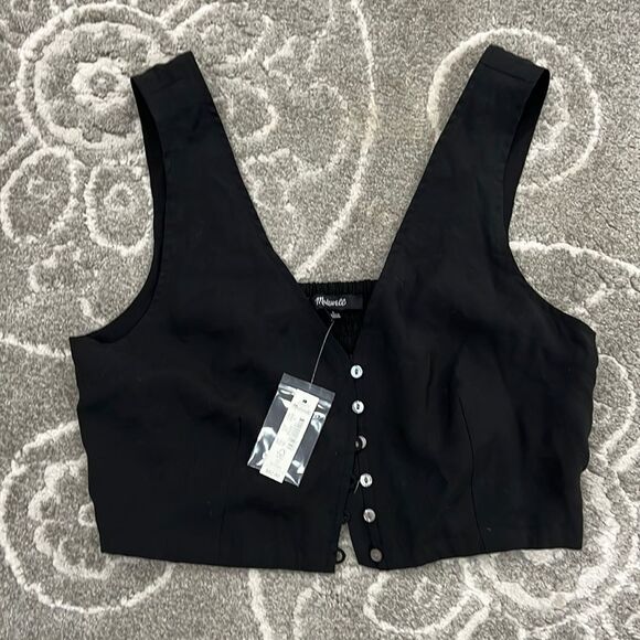 Madewell Cropped Vest Top Womens 4 Black Button Front Sleeveless V-Neck Wide Str - Picture 2 of 5